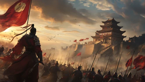 Sunlit warlord leading loyal troops toward a hilltop fortress.