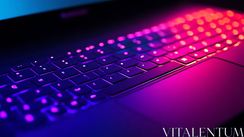 Neon laptop keys glowing like a synthetic cyber sunrise.