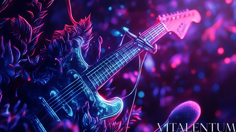 Neon dream guitar cradled in glowing cosmic foliage.