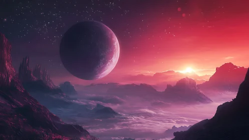 Distant planet above red alien landscape at sunrise.
