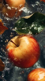 Close-up of apples and leaves submerged in splashing water.