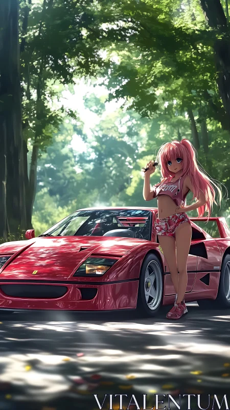 Pink-haired driver poses beside red supercar in forest light.