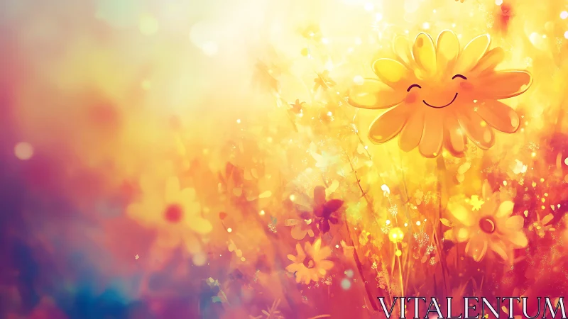 Smiling golden daisy in radiant bokeh meadow glow.