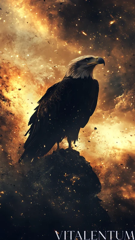 Solar storm sentinel eagle crowned in wildfire dusk.