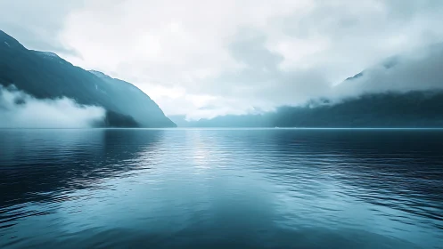 Misty blue fjord with mirrored water and distant mountains.