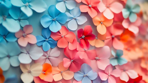 Four-Petal Flowers Clustered in Blue, Pink, Red, and Orange Gradient