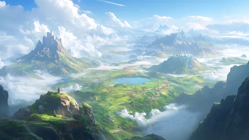 Vast fantasy valley under luminous clouds and distant peaks.