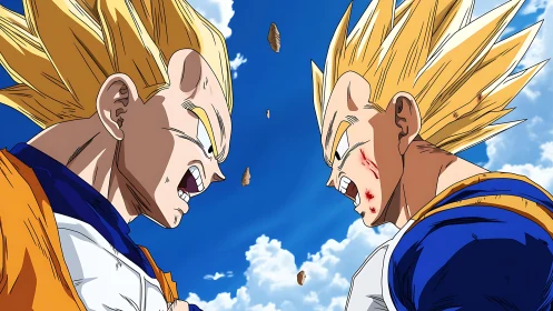 High-intensity cel-shaded duel between two golden-haired warriors