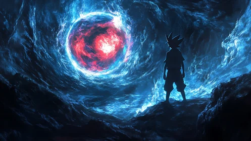 Stargazing kid facing a swirling cosmic energy storm.