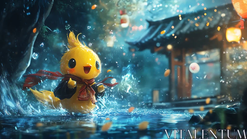 Joyful yellow chick splashes through lantern-lit courtyard pond.