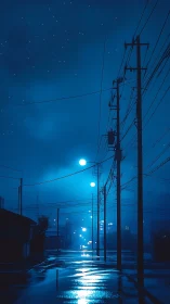 Midnight street glows softly under misty blue starlight