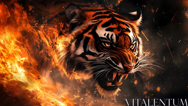 Fireborn Tiger Roars Through Ember-Scorched Midnight Sky.