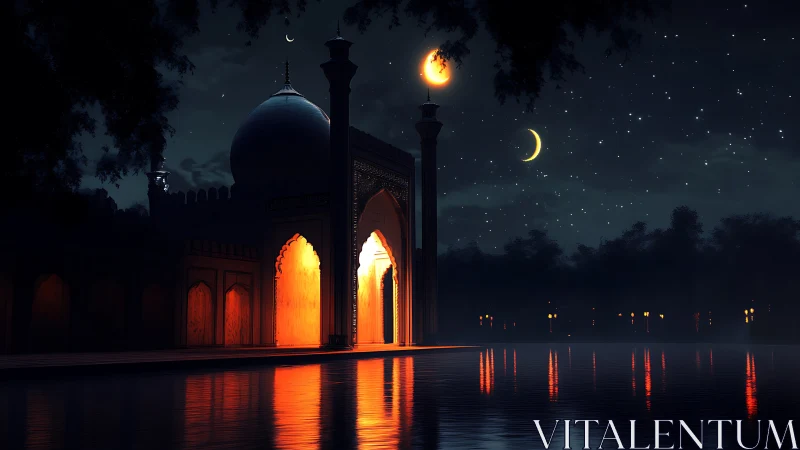 Moonlit palace glows above tranquil reflective waters at night.