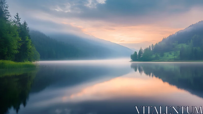 Mist-draped mountain lake catching dawnfire in glassy silence.