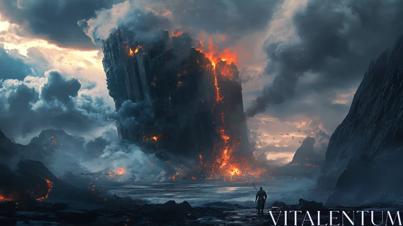 Epic volcanic monolith with lone adventurer, cinematic framing.