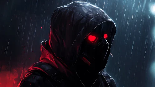 Hooded cyber-assassin with neon red optics in torrential rain
