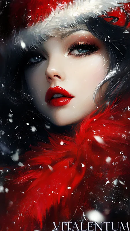 Snowy red-clad woman gazes forward in winter night