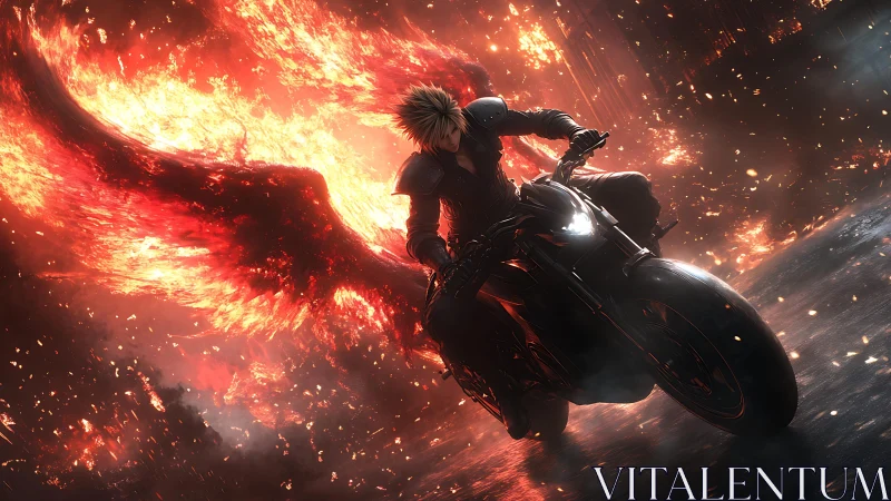 Motorcycle rider speeds through fire with vast burning wings