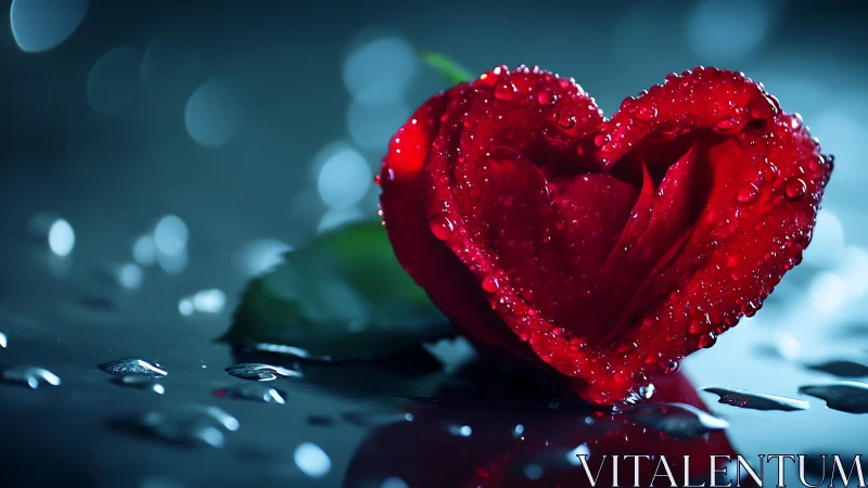 A Deep Crimson Rose Glistens with Dewdrops of Romance