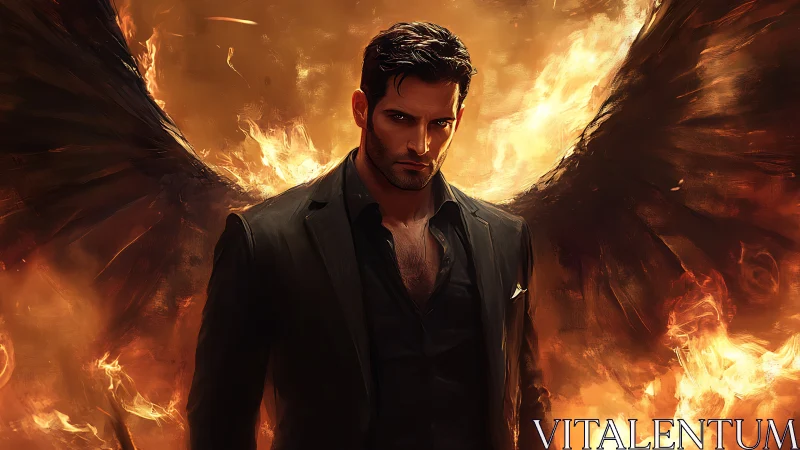 Dark angel emerges from blazing inferno with smoldering resolve