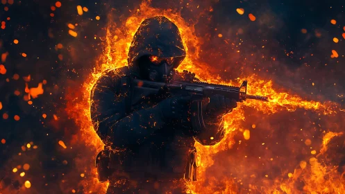 Armed figure silhouette engulfed in fire.