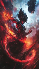 Fiery muscular warrior channels swirling red energy