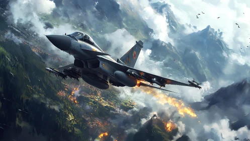 Modern fighter jet over mountainous combat landscape.