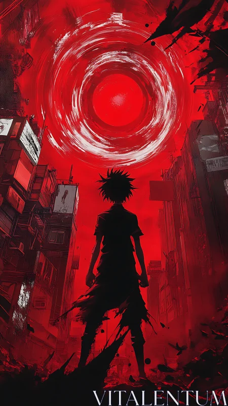 Silhouetted wanderer beneath swirling crimson vortex sky.