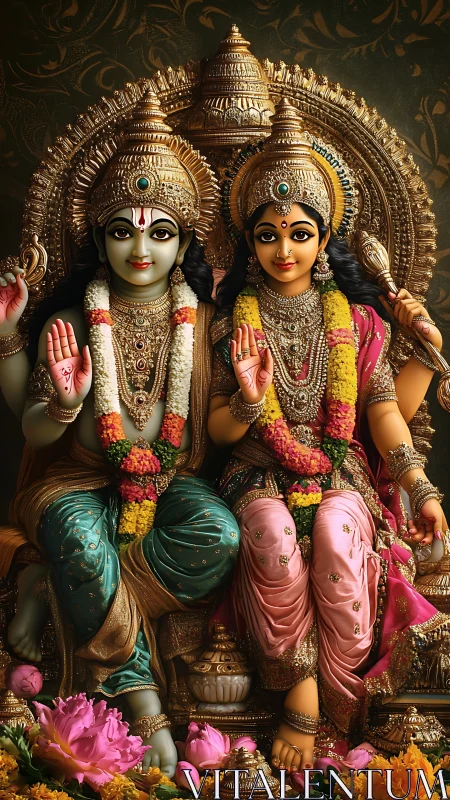 Seated paired deities in ornate gold shrine with floral garlands