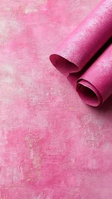 Pink textured background with rolled paper on right side.