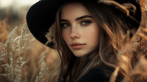 Autumn field portrait with soft golden bokeh and hat framing.