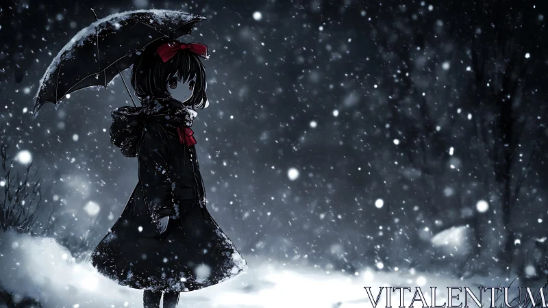Anime girl with umbrella standing in quiet falling snow.