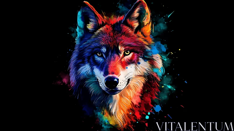 Vibrant neon wolf portrait on black splatter background.