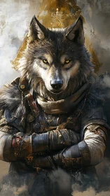 Armored wolf warrior with intense golden stare in foggy scene.