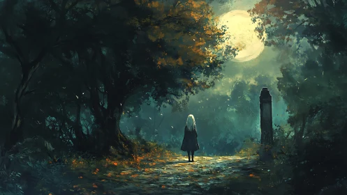 Lone figure beneath luminous moon on misted forest path.