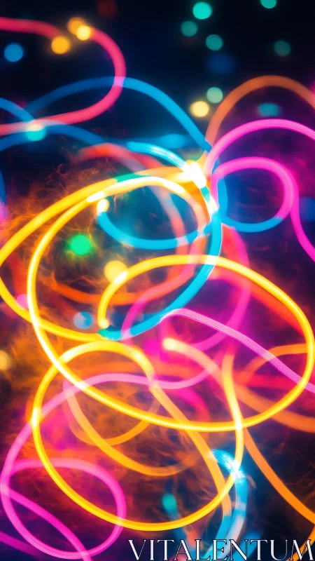 Neon light trails swirl through saturated abstract bokeh field.
