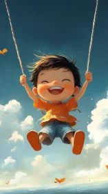 Joyful child on swing in stylized skyward digital painting