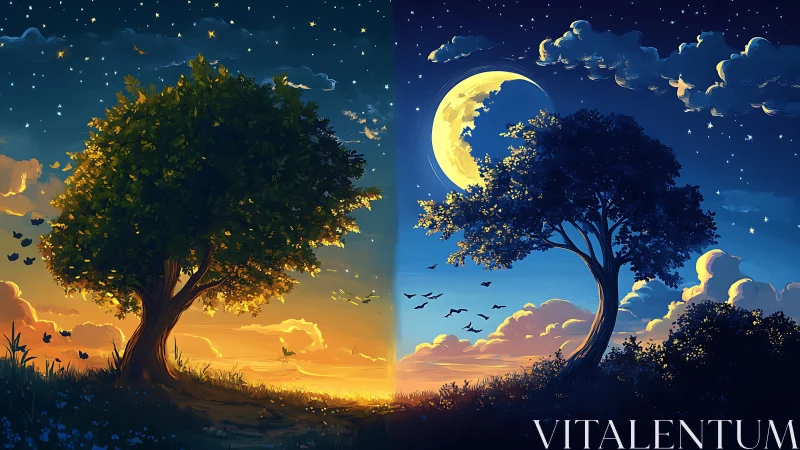 Bifurcated celestial landscape with diurnal transition field.