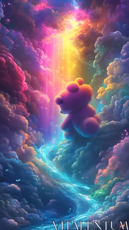 Fluffy bear drifts through luminous nebula above glowing river