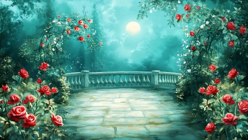 Moonlit rose terrace dreaming beneath a teal forest sky.
