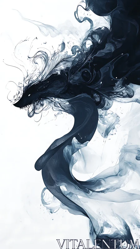 Inkstorm dragon spiraling through pale misted silence.