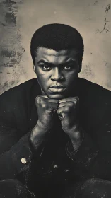 Monochrome portrait shows man posed with fists beneath chin