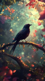Raven on mossy branch amid glowing autumn forest light.
