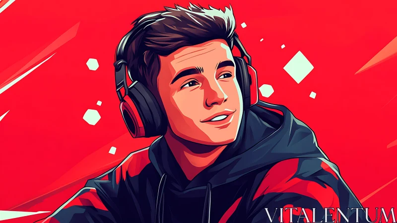 Stylized male gamer portrait with headphones on red field.