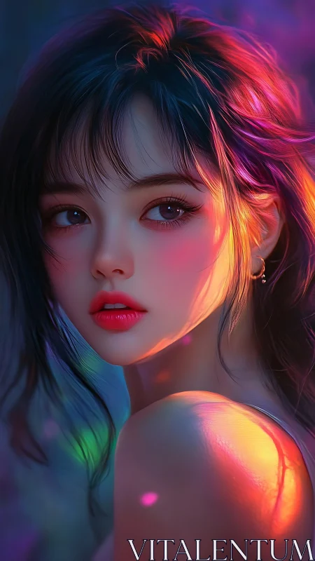 Digital portrait of young woman in colorful rim light.