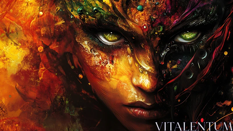 Intense abstract portrait of a fiery cosmic face.