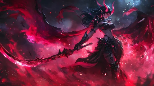 Crimson horned warrior dancing within wild burning storm.