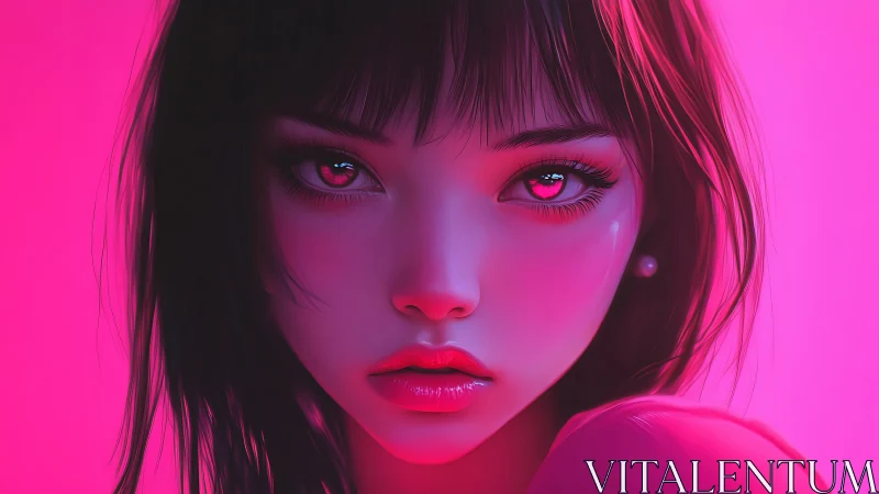Neon-lit digital portrait captures intense, wistful gaze.