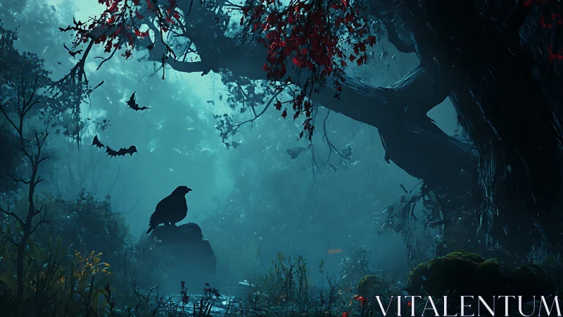 Nocturnal raven and bats dominate a mist-laden haunted forest