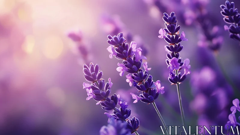 Purple Lavender Blooms in Soft-Focus Sunlit Garden Setting.